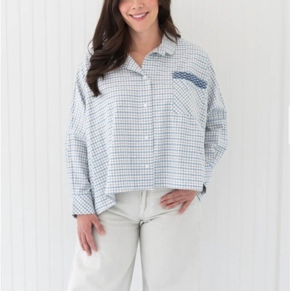 Dondolo Womens Amber Gingham Embroidered Pocket Oversized Blouse Blue Size 2